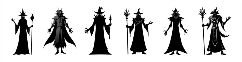 Set of Black silhouettes of wizards isolated on a white background. Concept of Halloween, evil sorcerer, magic fantasy character, cast spells, minimalist style, print, design element. Clip art