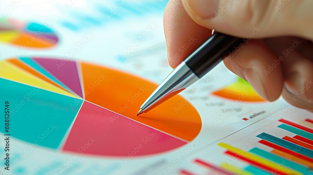 Business Data Review. A close-up of a hand using a pen to point at a ...