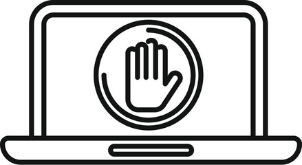 Poster - Simple line icon of a hand making a stop gesture on a laptop screen, representing restricted access