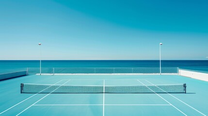 Poster - A tennis court with a blue net and a blue background