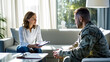 © Garnar - Female psychologist attentively listens to a male veteran during a therapy talk. The session setting is sunlit and modern. Concept of attentive military soldier mental health care. Banner
