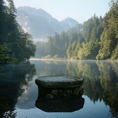 Poster - The peaceful morning lake, surrounded by forest and mountains, features a stone pedestal display on the water, creating a serene setting for a cosmetics shoot. 