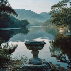 Poster - The tranquil lake in the morning is surrounded by lush forest and mountains. A stone pedestal display on the water sets the scene for a cosmetics shoot 