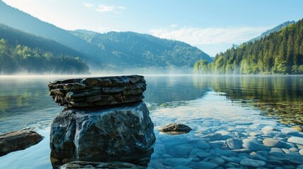 Aufkleber - A stone pedestal display sits on the still surface of a lake in the morning light, with a picturesque view of mountains and forest, setting the scene for cosmetics 
