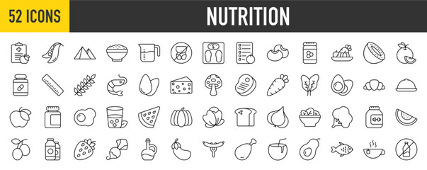 Wall Mural - 52 Nutrition icon set. Weight Scale, Boiled, Diet, Rice Bowl, Croissant, Green Beans, Food Tray, Apple, Fried Egg, Orange Juice, Watermelon, Cabbage and Cheese collection.