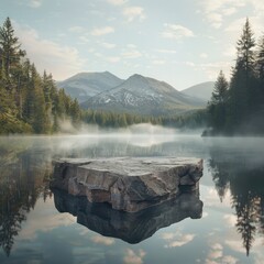 Poster - A stone pedestal display sits on the still surface of a lake in the morning light, with a picturesque view of mountains and forest, setting the scene for cosmetics 