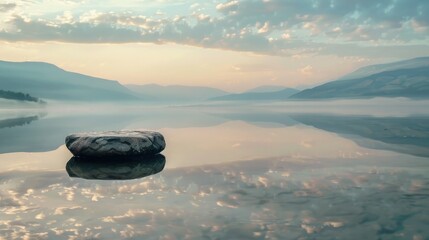 Poster - The surface of a peaceful lake reflects the sky and mountains in the morning. A stone pedestal display on the water creates a natural cosmetic display.