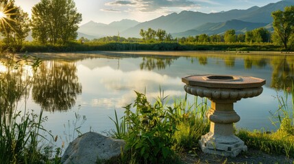 Poster - The morning sun casts a soft glow over a serene lake with a stone pedestal display on the water. The backdrop of mountains and greenery sets the scene for cosmetics. 