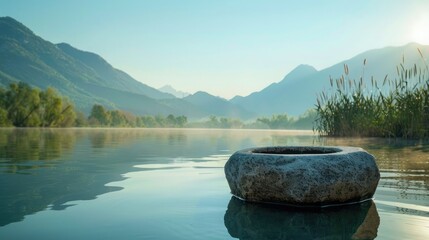 Poster - The morning sun casts a soft glow over a serene lake with a stone pedestal display on the water. The backdrop of mountains and greenery sets the scene for cosmetics. 