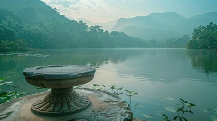 Poster - A picturesque lake surrounded by mountains and lush forest in the morning. A stone pedestal display on the water offers a natural setting for showcasing cosmetics. 