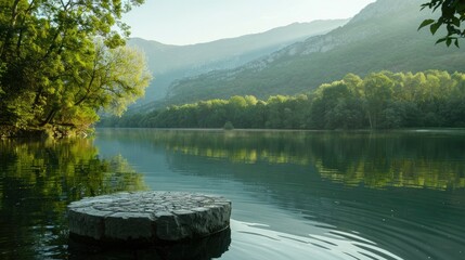 Poster - A tranquil lake surrounded by lush greenery and forested mountains in the morning light. A stone pedestal display floats on the water, perfect for showcasing cosmetics. 