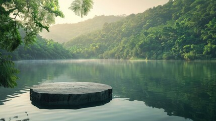Poster - A tranquil lake surrounded by lush greenery and forested mountains in the morning light. A stone pedestal display floats on the water, perfect for showcasing cosmetics. 