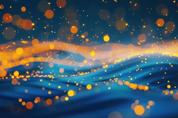 Poster - Digital waves with yellow light spots on blue background - captivating image depicting vibrant yellow lights dancing on digital waves in a mesmerizing blue setting