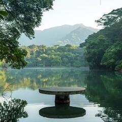 Poster - A tranquil lake surrounded by lush greenery and forested mountains in the morning light. A stone pedestal display floats on the water, perfect for showcasing cosmetics. 