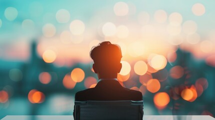 Poster - An experienced businessman sitting at a sleek, minimalist desk in a contemporary office, deep in thought while looking at digital tablet. The background features abstract cityscape, providing plenty