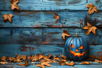 A blue pumpkin sitting on top of a wooden floor