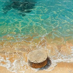 Aufkleber - A summer beach scene with clear turquoise water and an abstract stone podium on the sand, creating a unique focal point. 