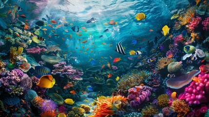 Poster - A vibrant coral reef teeming with colorful fish and marine life in clear tropical waters.