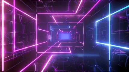 Poster - The purple grids and neon glow light lines appear on the perspective floor. The background is an abstract neon light scene. Abstract flight in a retro neon hyperwarp space is shown in the tunnel.