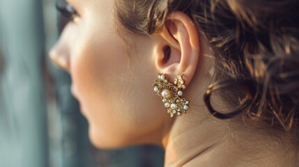 Poster - A woman's ear adorned with vintage clip-on earrings from the 1950s era.