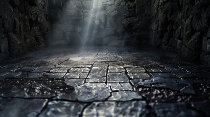 Mysterious dark dungeon with stone floor illuminated by a single beam of light through cracks. Gothic medieval architecture. high quality