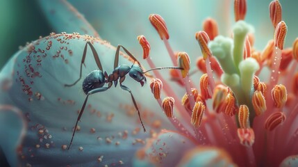 Poster - An ant exploring a flower petal, with the intricate details of the flower visible.
