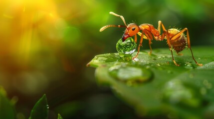 Poster - An ant inspecting a droplet of water on a green leaf, reflecting its curiosity.
