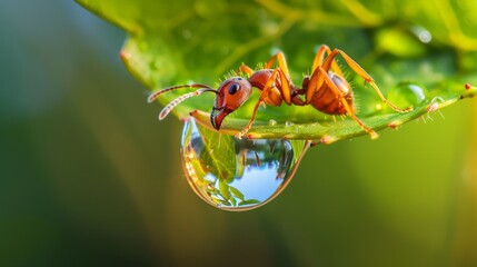 Poster - An ant inspecting a droplet of water on a green leaf, reflecting its curiosity.