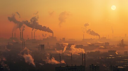 Wall Mural - An industrial city skyline covered in smog and haze, illustrating air pollution linked to climate change.