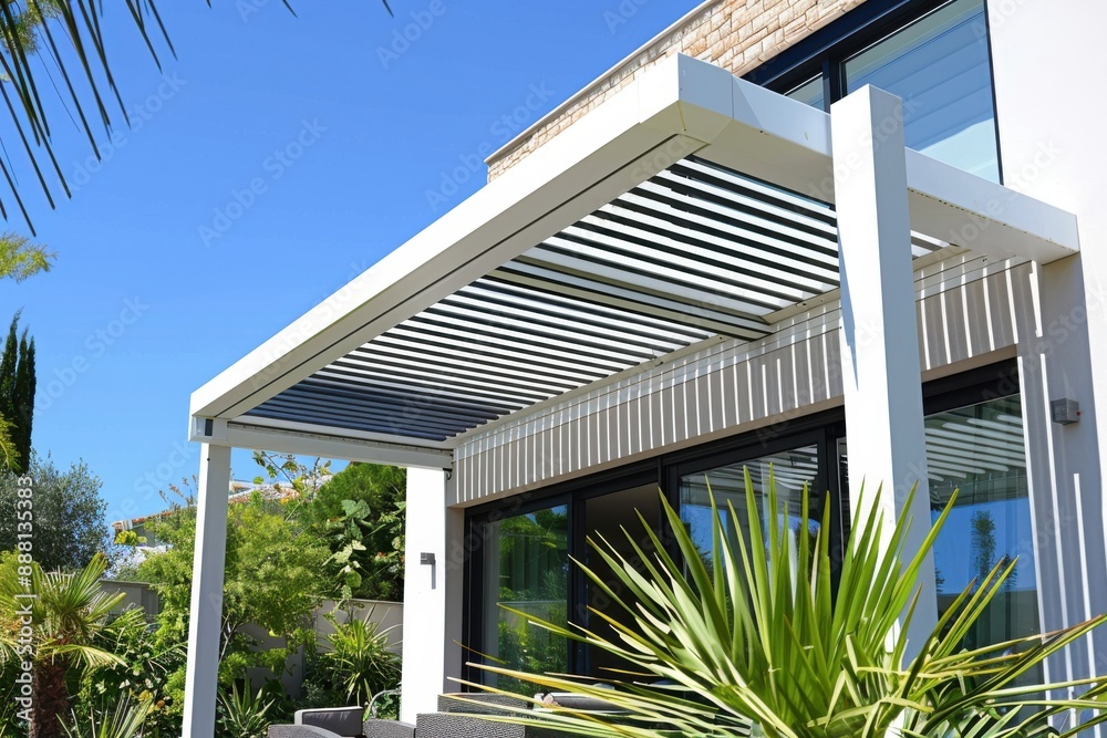 Construction project of a bioclimatic veranda or pergola for a white modern residential house