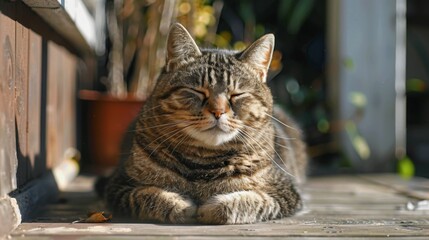 Poster - An overweight cat lazily sunbathing on a porch, with eyes half-closed.