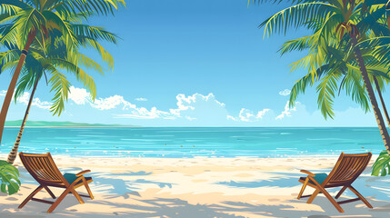 Wall Mural - travel themed vector background tropical beach shades of sandy beige and ocean blue. a vector illustration of a tranquil beach scene with palm trees, turquoise waters, and sun loungers