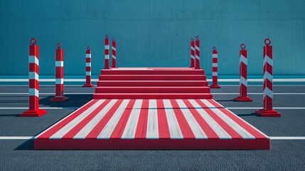 Podium with red and white striped barriers around, creating a visual of restricted access and high alert, restricted podium