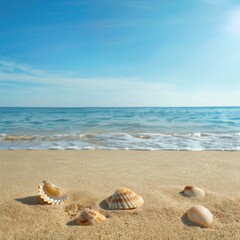 A peaceful empty beach with shells and smooth sand creates a relaxing scene. The summer sea is in the background, and there's ample copy space. 