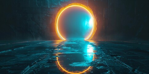 Wall Mural - 3D Yellow Tunnel with Neon Lights Abstract Modern Render. Concept abstract art, futuristic design, 3D rendering, neon lights, yellow tunnel.