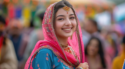 Wall Mural - young Punjabi woman standing at bascar festival