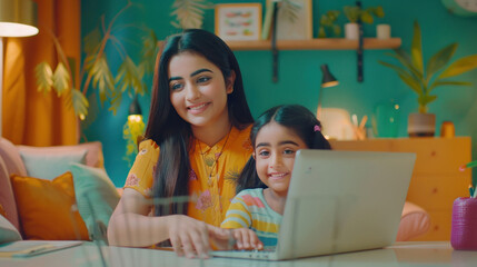 Poster - indian mother and daughter using laptop at home