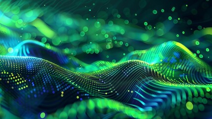 Wall Mural - Abstract background with neon greens blues wavy patterns and glowing dots