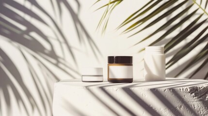 Wall Mural - Cosmetic containers on white backdrop with palm shadows Skincare beauty theme