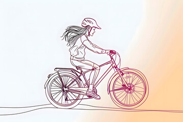 Sticker - Single one line drawing happy girl riding a bike with helmet. World bicycle day concept. Continuous line draw design graphic vector illustration.