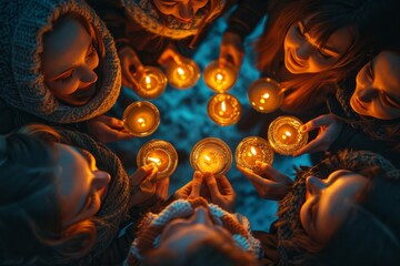 24. A group of friends holding candles in a circle, symbolizing light and unity. Sharp Focus, High-resolution photograph captured using Canon EOS R5 camera.