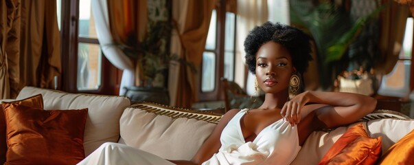 Wall Mural - Elegant black model is posing on a sofa in a luxury hotel, wearing a white dress and gold earrings