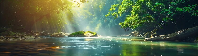 Poster - Sunbeams Illuminating a Tranquil Stream
