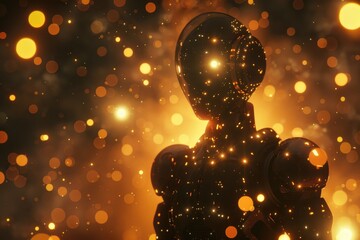 Poster - a robot with glowing lights standing in a field, a glowing robot surrounded by a field of floating, 