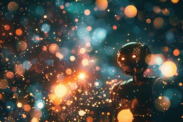 Poster - a robot with glowing lights standing in a field, a glowing robot surrounded by a field of floating, 
