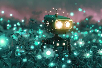 Poster - an illuminated robot positioned in a field, a glowing robot surrounded by a field of floating, lumin