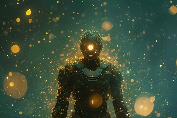 Poster - a field with a robot emitting light, a glowing robot surrounded by a field of floating, luminous par
