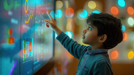 Indian child interacting with a digital whiteboard
