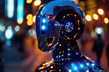 Aufkleber - A robot with glowing eyes and a futuristic design, A glowing robot with a mosaic of pulsing lights covering its surface, AI generated