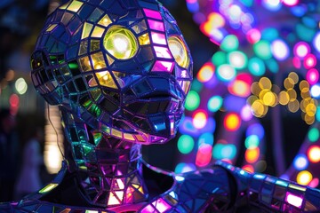 Aufkleber - A robot with glowing eyes and a futuristic design, A glowing robot with a mosaic of pulsing lights covering its surface, AI generated